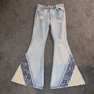 POL BIG FLARE BELL BOTTOM PATCHWORK BOHO RETRO 60'S BLUE JEANS - SIZE LARGE